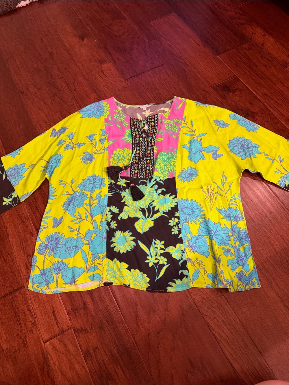 John Mark Bright Yellow Floral Tunic with Blue Blossoms and Pink Yoke